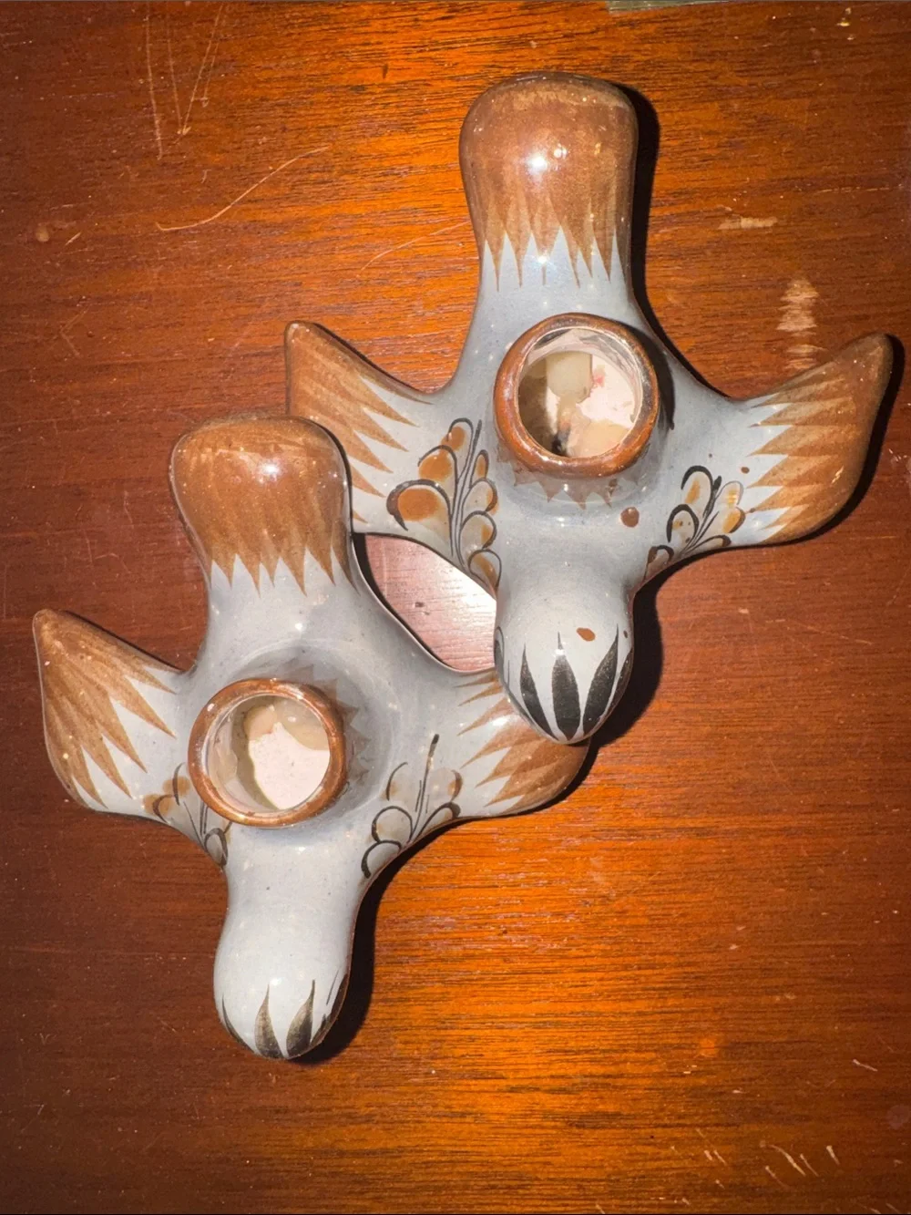 Vintage Hand-Painted Tonala Mexican Folk Art Pottery Bird Candle Holder Pair